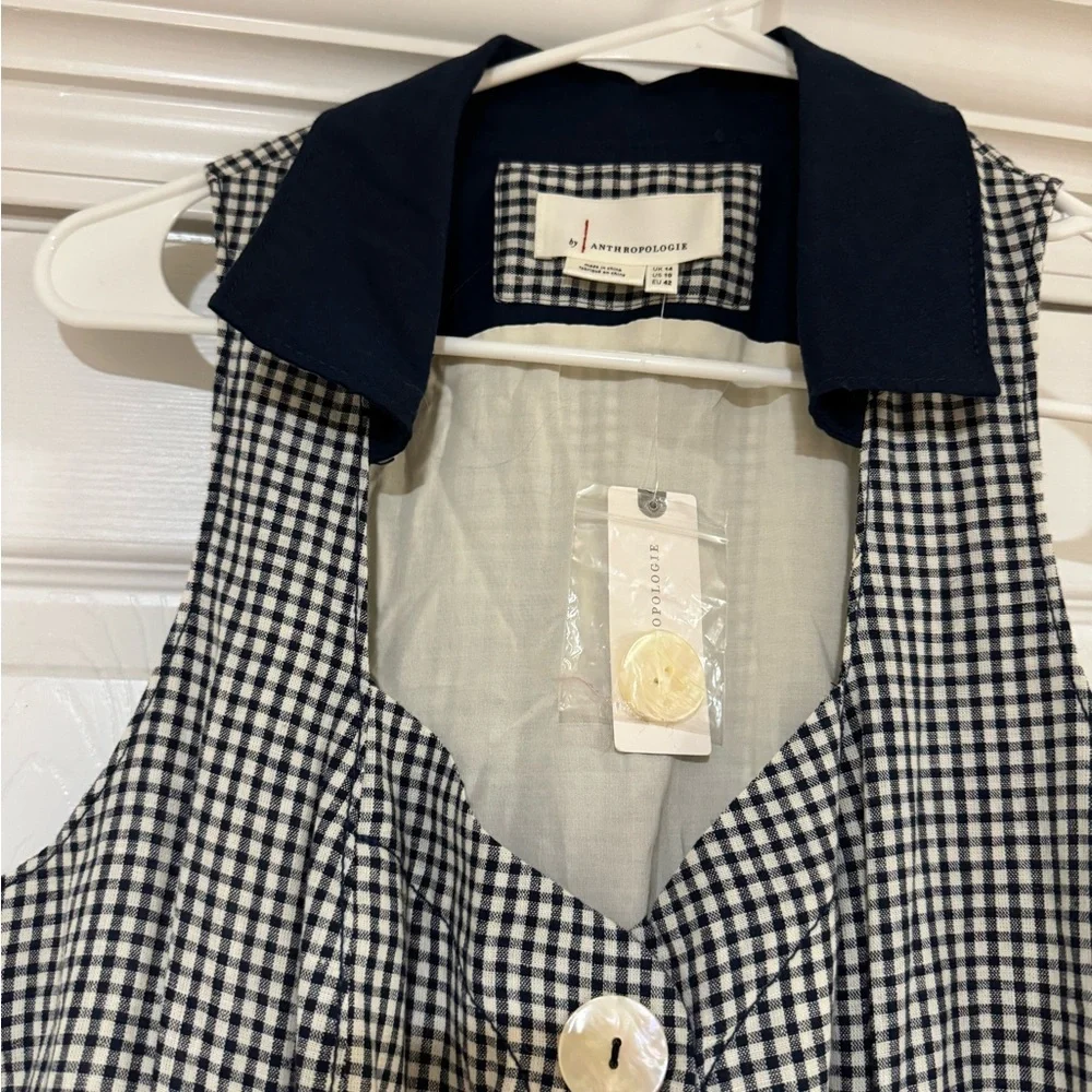 HTF Anthropologie Navy Blue Linen Cotton Gingham Camellia Collared Dress Size 10 - Picture 7 of 13